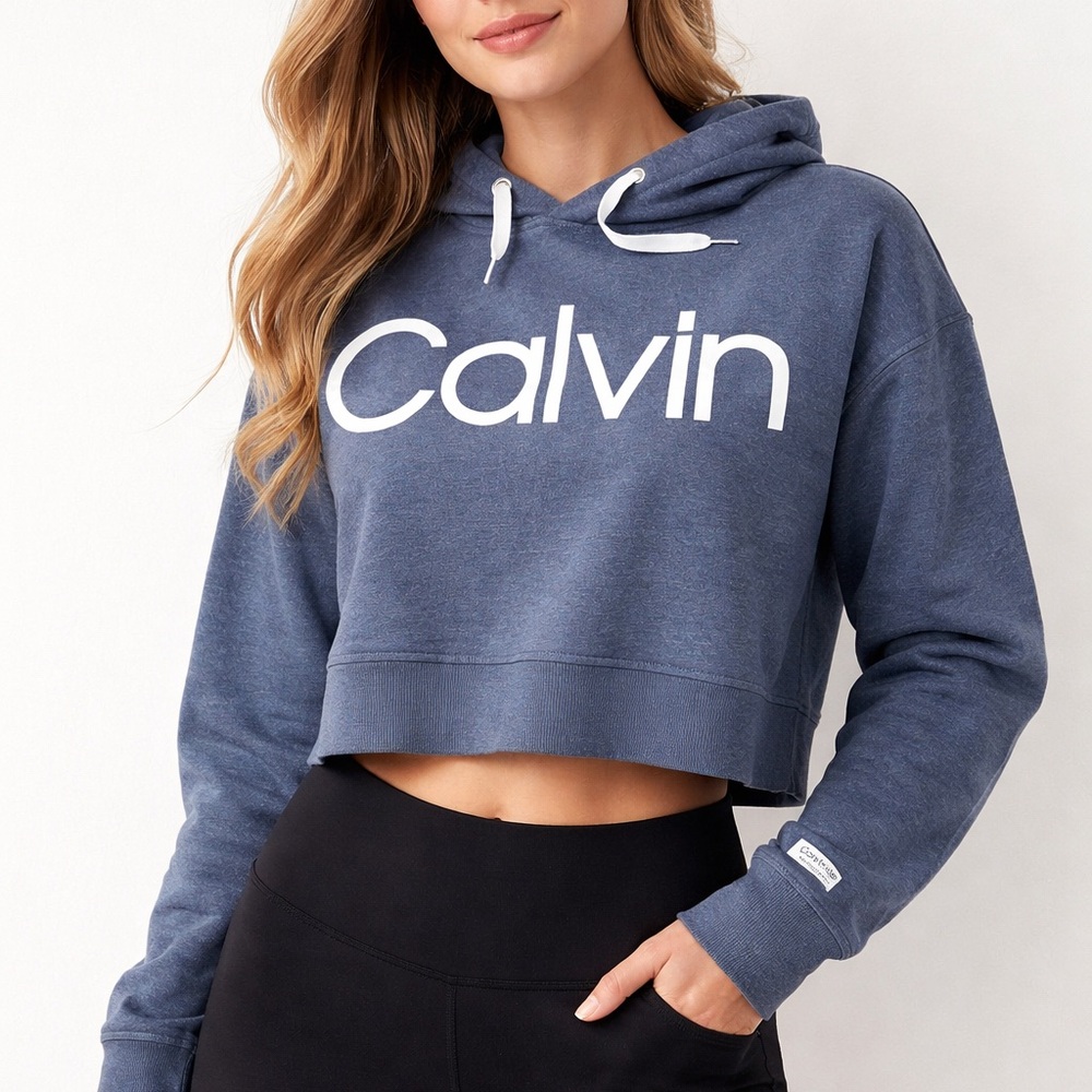 Calvin Klein Cropped Hoodie Blue Logo Size M - Picture 2 of 8